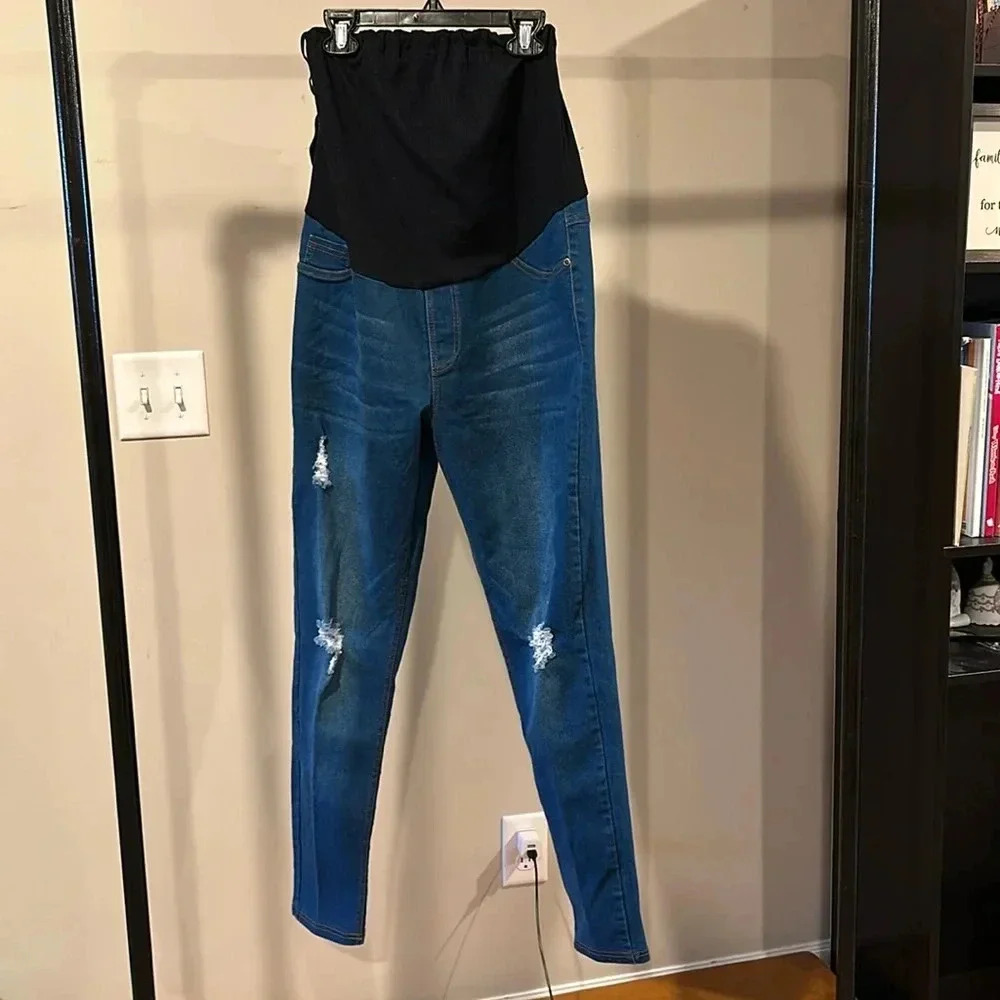 Jvini maternity jeans size medium adjustable waist dark wash distress patches